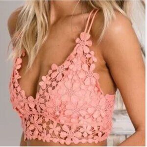 Davi & Dani coral floral strappy crochet crop bralette bra top boho festival